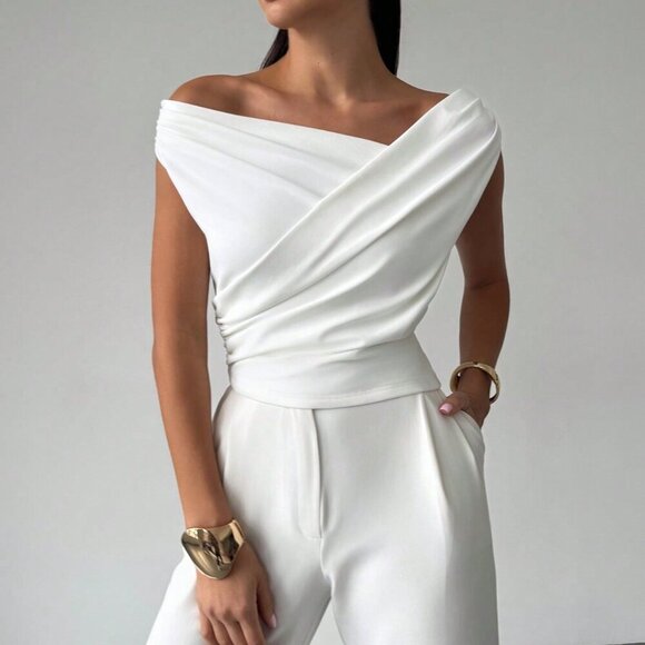 Apricot Elegant Women's Minimalist Asymmetric Ruffle Sleeveless Cropped Top - Picture 1 of 7